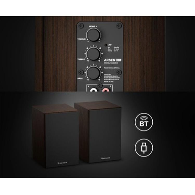 Genesis Arsen 302BT, zadnja nadzorna plošča z nastavitvami glasnosti, visokih in nizkih tonov ter Bluetooth.