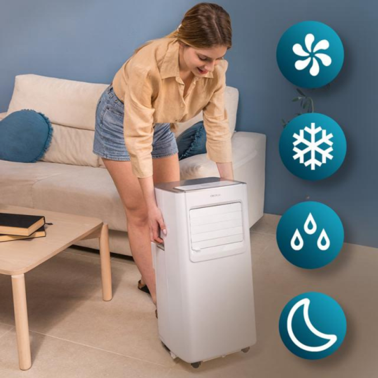 Cecotec prenosna klimatska naprava z več funkcijami (hlajenje, ventilacija, razvlaževanje, nočni način), prikazana med premikanjem po prostoru