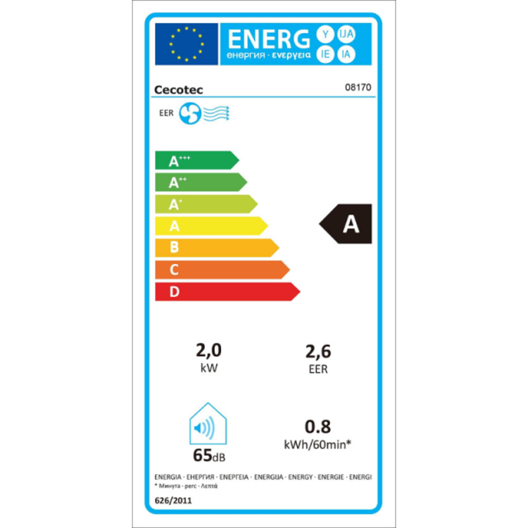 Energijska nalepka EU za Cecotec klimatsko napravo z razredom A ter podatki o moči, EER in hrupu