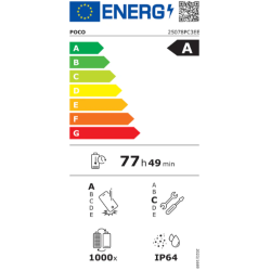 Energijska nalepka EU za Poco, razred A, avtonomija 77 h 49 min, IP64 zaščita in baterija za 1000 ciklov.
