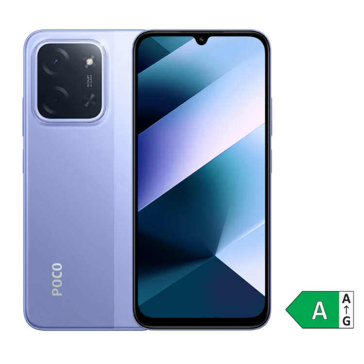 Pametni telefon Poco, barve Purple, prikaz spredaj in zadaj, velik zaslon z zarezo in kvadratna zadnja kamera.
