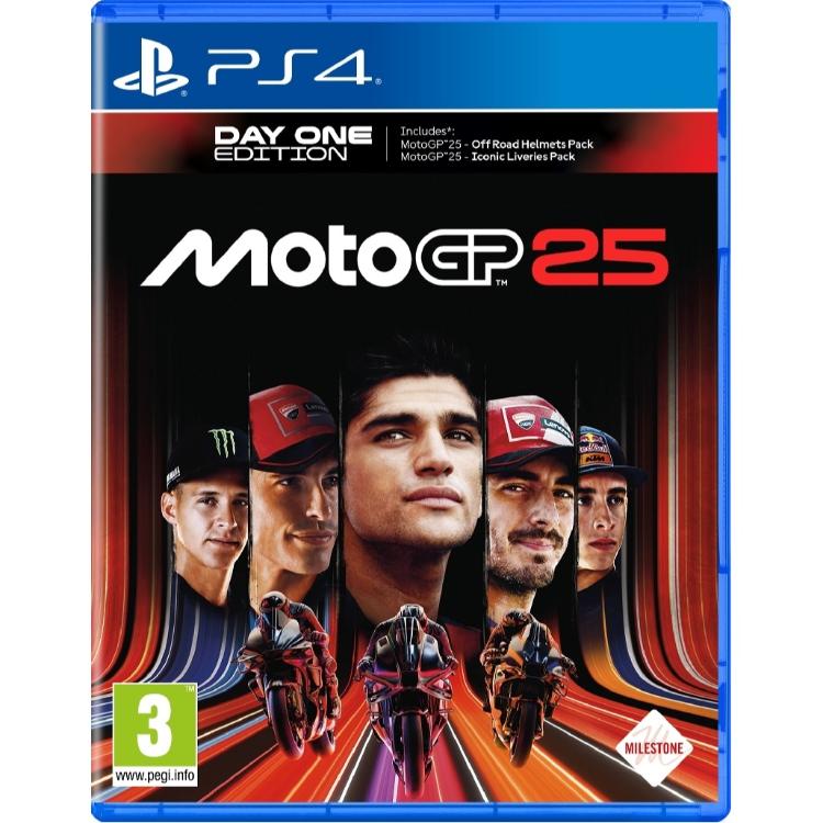 MotoGP 25 Day One Edition za PS4, uradna naslovnica z dirkači MotoGP, motocikli in bonus vsebino ob izidu.