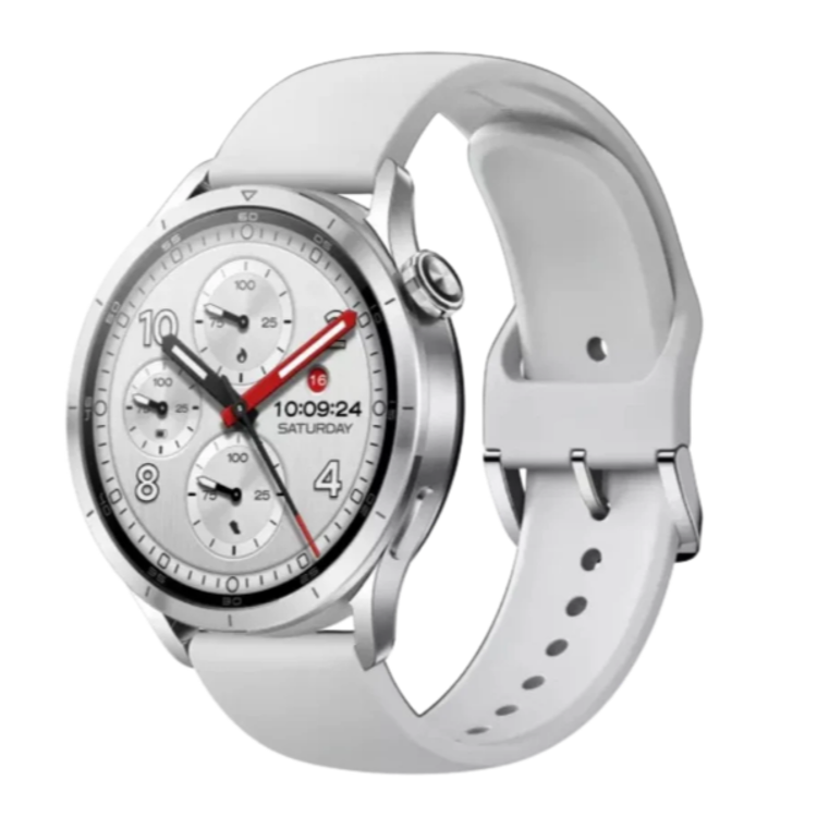 Xiaomi Watch S5 46, srebrna pametna ura s srebrnim ohišjem, belim paščkom in elegantno analogno številčnico.