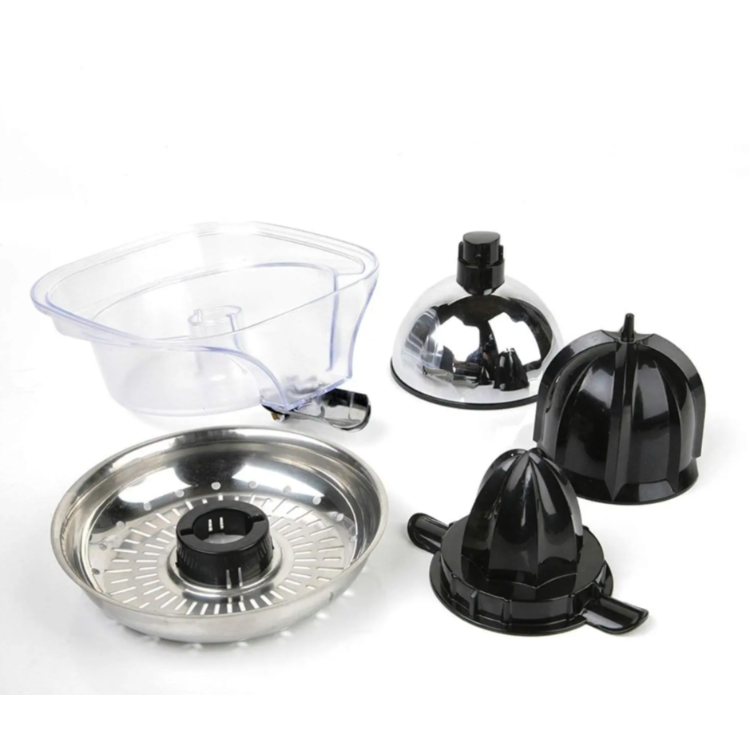 Razstavljeni deli Black+Decker ožemalnika citrusov (posoda, cedilo, stožci in pokrov)