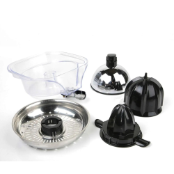 Razstavljeni deli Black+Decker ožemalnika citrusov (posoda, cedilo, stožci in pokrov)