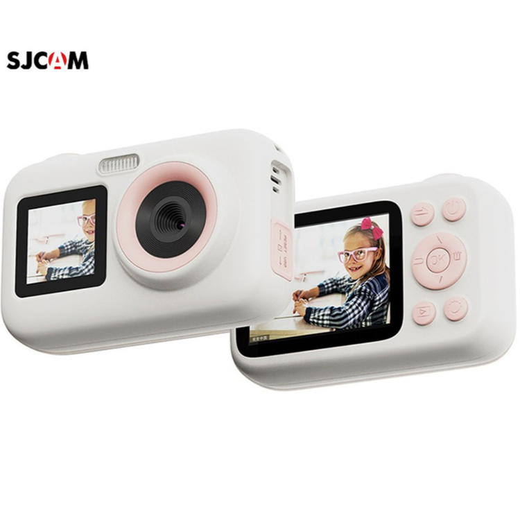 SJCAM otroški digitalni fotoaparat v beli barvi, prikazan s sprednje in zadnje strani z objektivom, zaslonom za pregled fotografij ter velikimi gumbi za enostavno upravljanje.