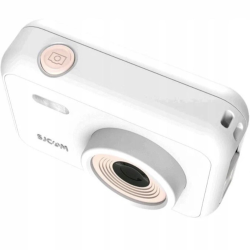 SJCAM otroški digitalni fotoaparat v beli barvi, prikazan s sprednje strani z objektivom, bliskavico in velikim gumbom za fotografiranje.