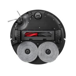 Spodnja stran robotskega sesalnika Roborock z dvojnima vrtljivima krpama za pomivanje, glavno krtačo DuoDivide in stransko metlico.