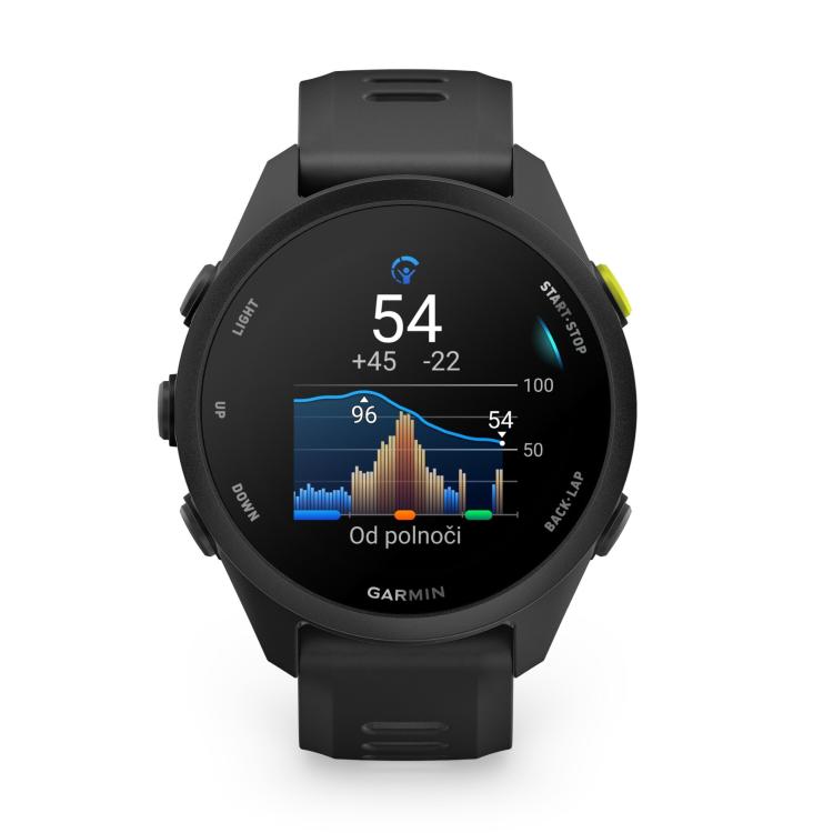 Garmin Forerunner 70, črna športna GPS ura s silikonskim paščkom in prikazom podatkov o vadbi.