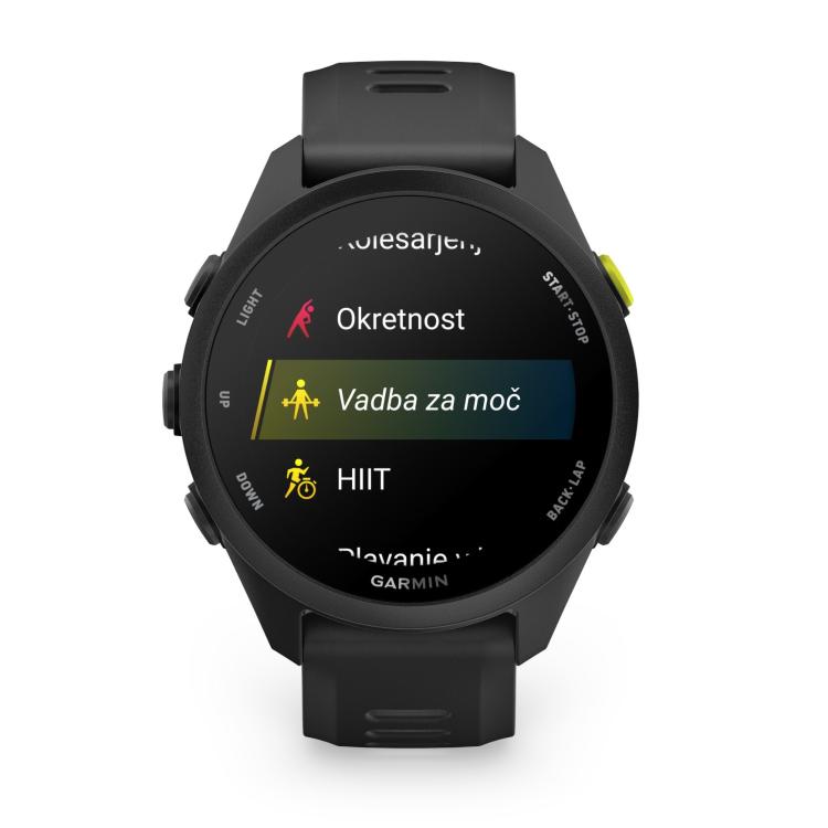 2 slik Copilot said: Garmin Forerunner 70, črna športna GPS ura z menijem športnih aktivnosti in AMOLED zaslonom.
