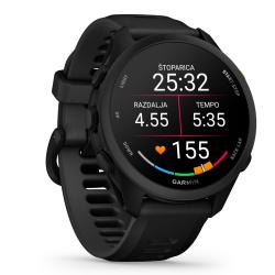 Garmin Forerunner 70, črna tekaška GPS ura s prikazom časa, razdalje, tempa in srčnega utripa.