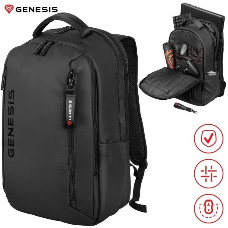 Črn nahrbtnik GENESIS Pallad 510 z več predali, prostorom za prenosnik in gaming dodatke.