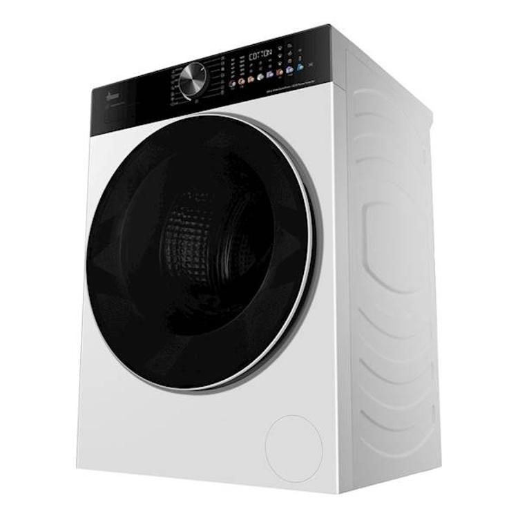 Pralni stroj Hoover z zmogljivostjo 10 kg, prikazan pod kotom z velikimi temnimi vrati in sodobnim minimalističnim dizajnom.