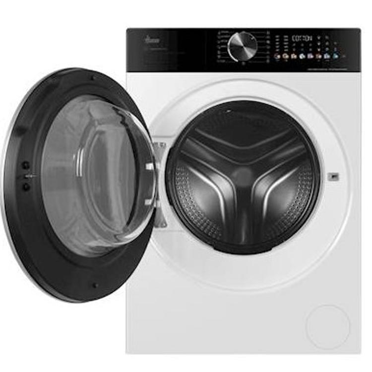 Pralni stroj Hoover z odprtimi vrati, ki razkrivajo prostoren boben iz nerjavnega jekla za pranje do 10 kg perila.