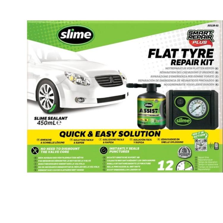 Komplet Slime Smart Repair Plus za zasilno popravilo predrte pnevmatike s tesnilom in kompresorjem.