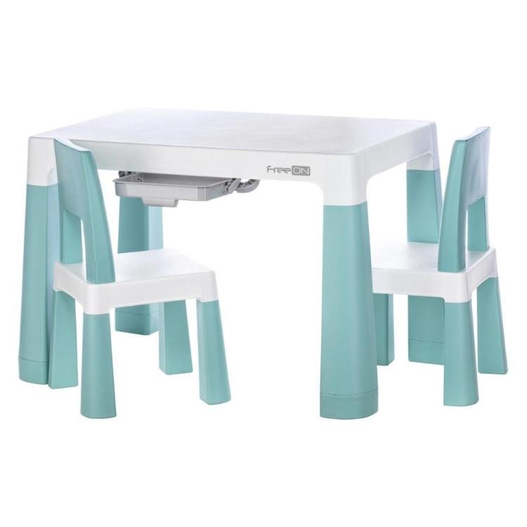 FreeON otroška miza z dvema stoloma v mint zeleni in beli barvi, plastični set za igro in ustvarjanje.