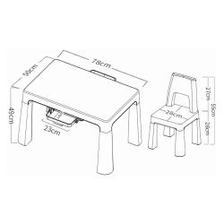 Shema dimenzij FreeON otroške mize in stolov z izmerami višine in širine.