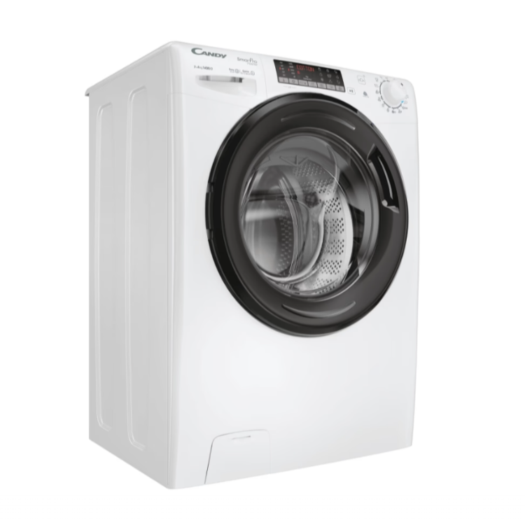 Pralno-sušilni stroj pod kotom z vidnim bobnom in upravljalno ploščo