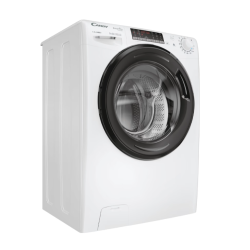 Pralno-sušilni stroj pod kotom z vidnim bobnom in upravljalno ploščo