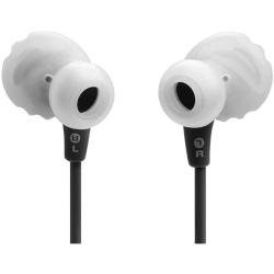 Žične ušesne slušalke z belimi čepki, označbi za levo in desno slušalko