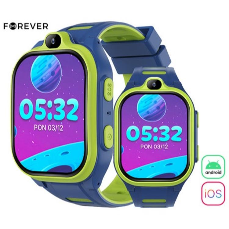 Forever Boost KW‑530 AI 4G otroška pametna ura, modro/zelena, kamera, Android/iOS podpora.