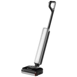 Rowenta X‑Wash čistilec tal v beli barvi, prikazan pod kotom z ergonomskim ročajem in čistilnim valjčkom.