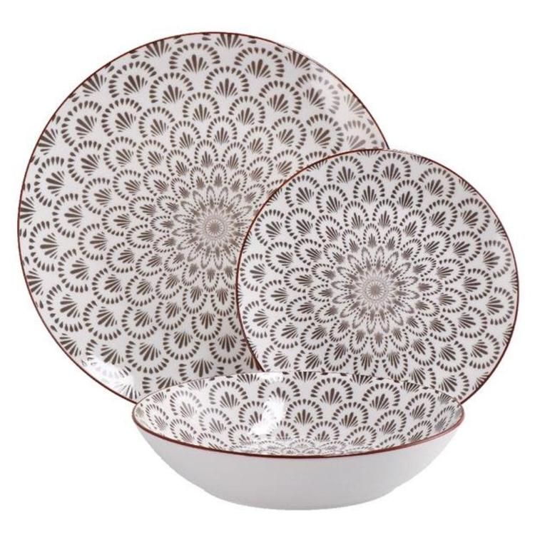 Garnitura 18 delni krožniki dekor, rjavo-bel porcelan