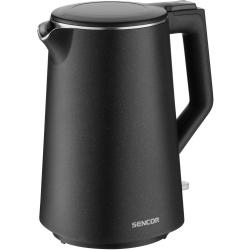 SENCOR grelnik vode v črni barvi, prikazan pod kotom z izlivom za nalivanje vode in ergonomskim ročajem.