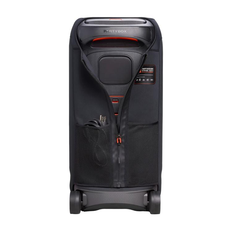 Zadnja stran prevleke JBL PartyCover 320 z odprtim zgornjim delom za dostop do ročaja in žepi za kable.