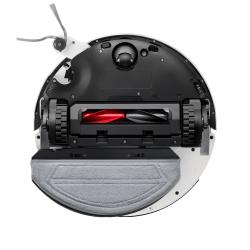 Spodnja stran robotskega sesalnika Roborock z glavno krtačo DuoDivide, stransko metlico in veliko krpo za mokro čiščenje.