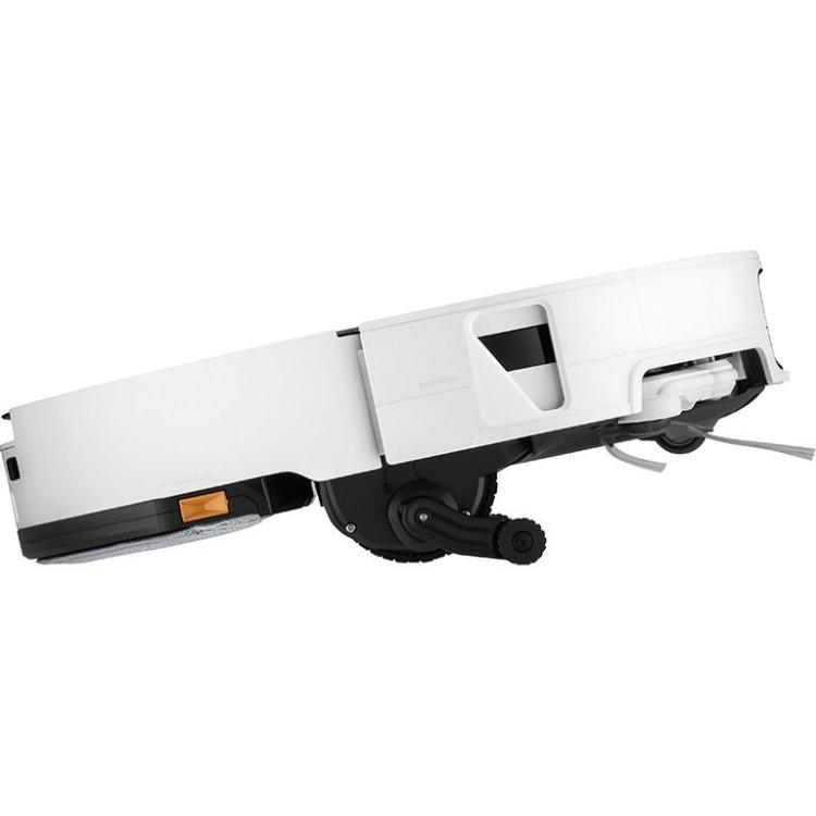Robotski sesalnik Roborock s funkcijo VertiBeam, prikazan s strani med premagovanjem pragov in višinskih ovir.