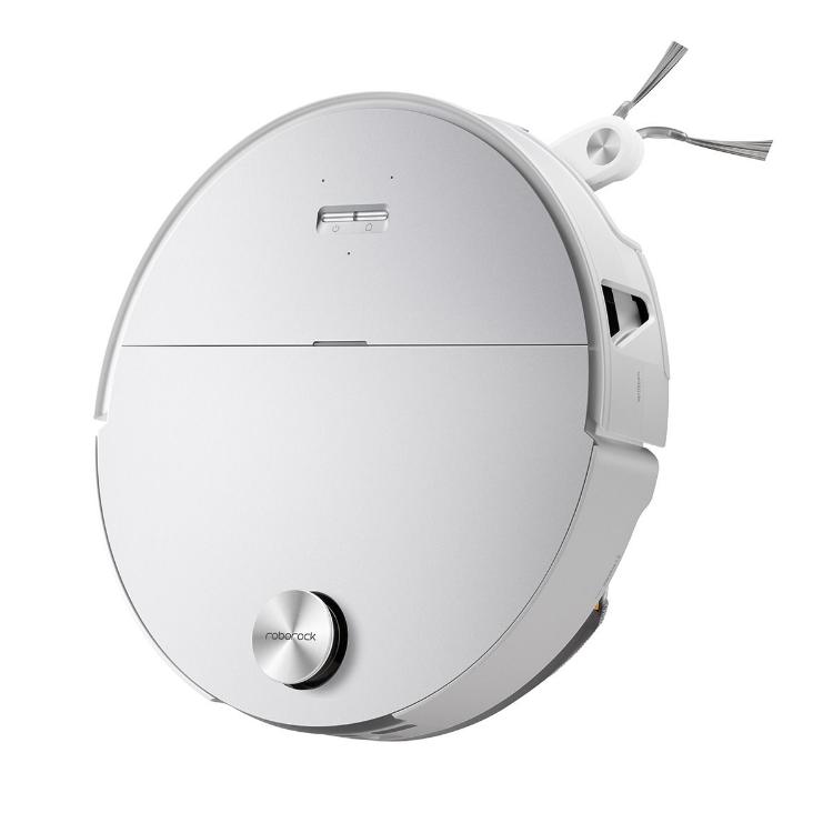 Bel robotski sesalnik Roborock, prikazan pod kotom z LiDAR navigacijskim senzorjem in elegantnim minimalističnim dizajnom.
