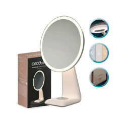 KozmetiKozmetično ogledalo Cecotec FaceCare Mirror Design z embalažo, LED osvetlitvijo in prikazom funkcij.čno ogledalo Cecotec FaceCare Mirror Design s prikazom LED osvetlitve in upravljalnih gumbov.