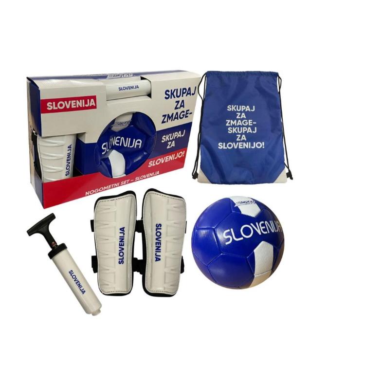 Nogometni set Slovenija z modro-belo žogo, ščitniki za noge, tlačilko in vrečko za prenašanje