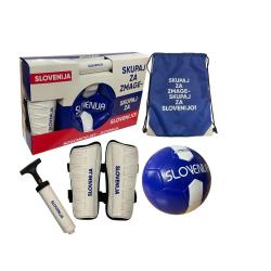 Nogometni set Slovenija z modro-belo žogo, ščitniki za noge, tlačilko in vrečko za prenašanje