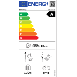 Energijska nalepka pametnega telefona Samsung Galaxy Fold prikazuje energijski razred A, avtonomijo baterije do 49 ur in 10 minut ter zaščito IP48.
