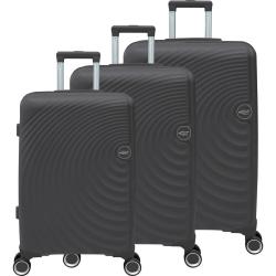 Komplet treh črnih potovalnih kovčkov z vrtljivimi kolesi in teleskopskimi ročaji.
