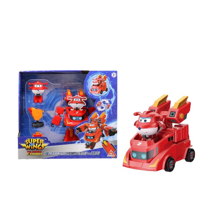 Igralni set Super Wings Electric Robot Suit Jett z robotom, vozilom in figuro Jett, primeren za otroke 3+.