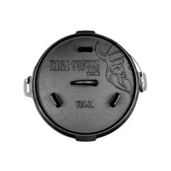 Valhal Outdoor Dutch Oven 6,1 L v črni barvi, prikazan od zgoraj s pokrovom in reliefnim logotipom.