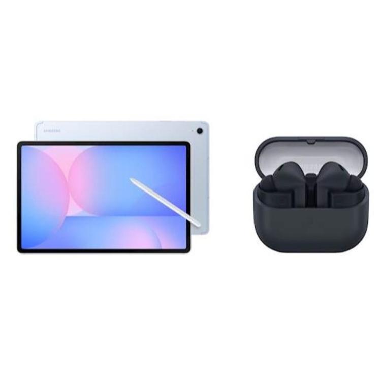 Samsung svetlo modra tablica s pisalom S Pen ter temno sive brezžične slušalke v odprtem polnilnem etuiju.