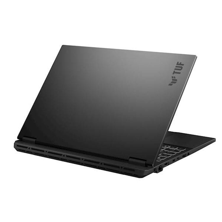 Asus TUF Gaming prenosni računalnik, pogled od zadaj na črno ohišje z robustnim dizajnom.