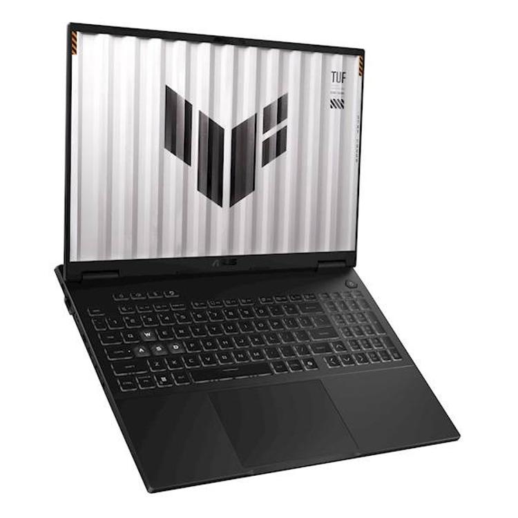 Asus TUF Gaming prenosni računalnik z odprtim zaslonom in osvetljeno tipkovnico.