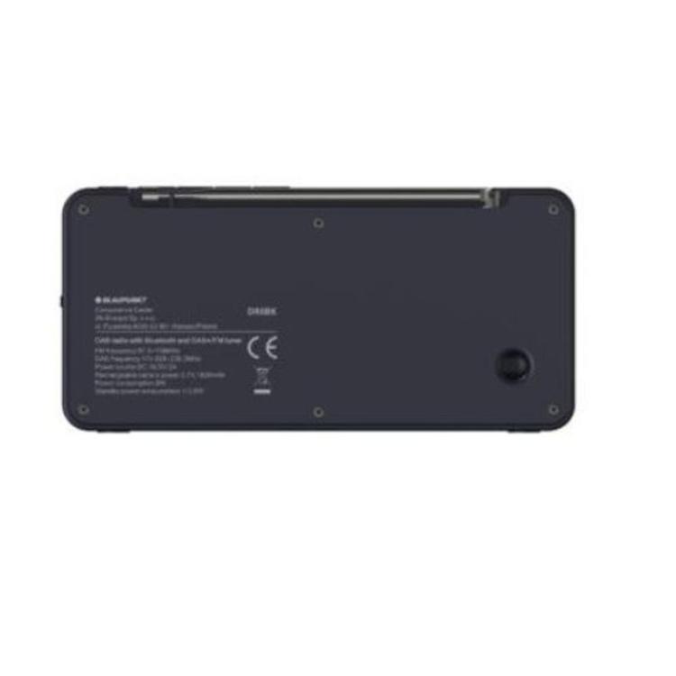 Zadnja stran Blaupunkt DR6BK, tehnične oznake, gumirana nogica in minimalistično črno ohišje