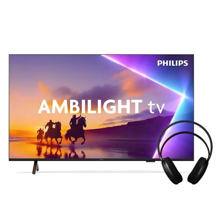 Philips Ambilight TV: 4K zaslon s prizorom jahanja ob sončnem zahodu na plaži, priložene črne slušalke.