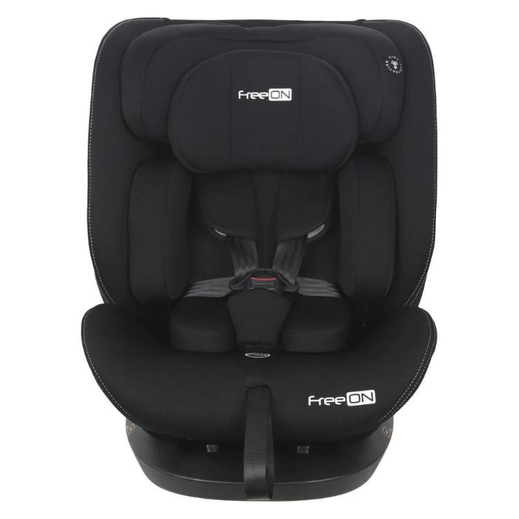 FreeON i‑Size avtosedež 40–150 cm v črni barvi, sprednji pogled z integriranim 5‑točkovnim varnostnim pasom.
