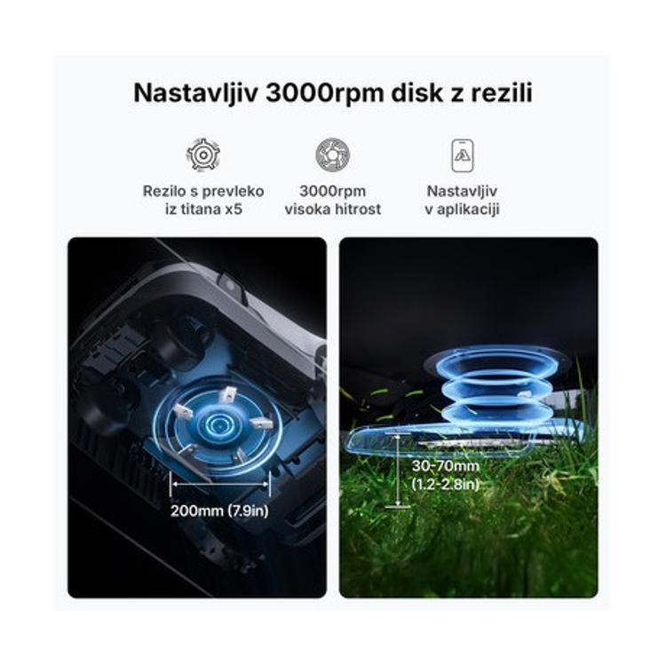 AI ANTHBOT GENIE 3000 z 3000 vrt./min diskom, širino košnje 200 mm in nastavljivo višino 30-70 mm.