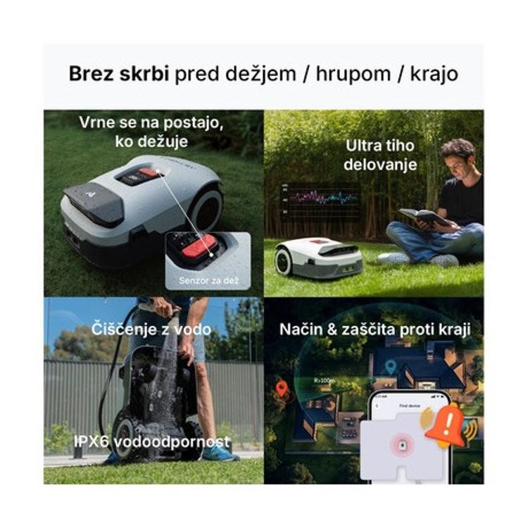 AI ANTHBOT GENIE 3000 zanesljivo kosi na naklonih do 24° ter premaguje neravne površine in robove.