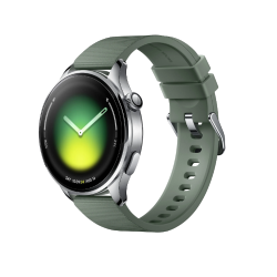 Xiaomi Watch 5 pametna ura, srebrno ohišje, zelen pašček, velik AMOLED zaslon, vrtljiva krona.
