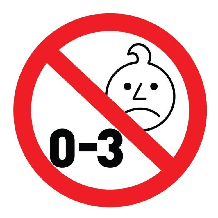 Opozorilni simbol prepovedi za otroke od 0 do 3 let zaradi majhnih delov.