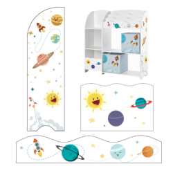 Grafični prikaz vesoljskih motivov in nalepk za otroško knjižno omaro.